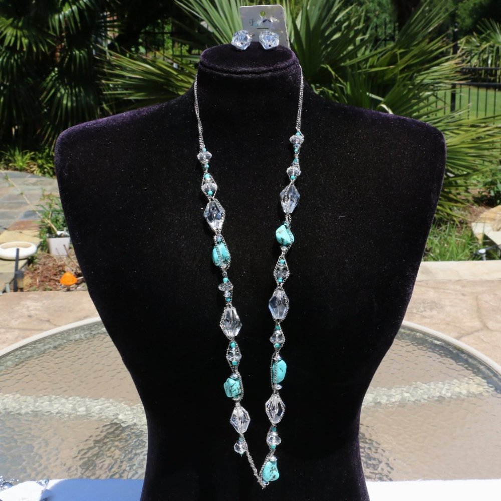 Long Boho Turquoise Bead Statement Necklace Set